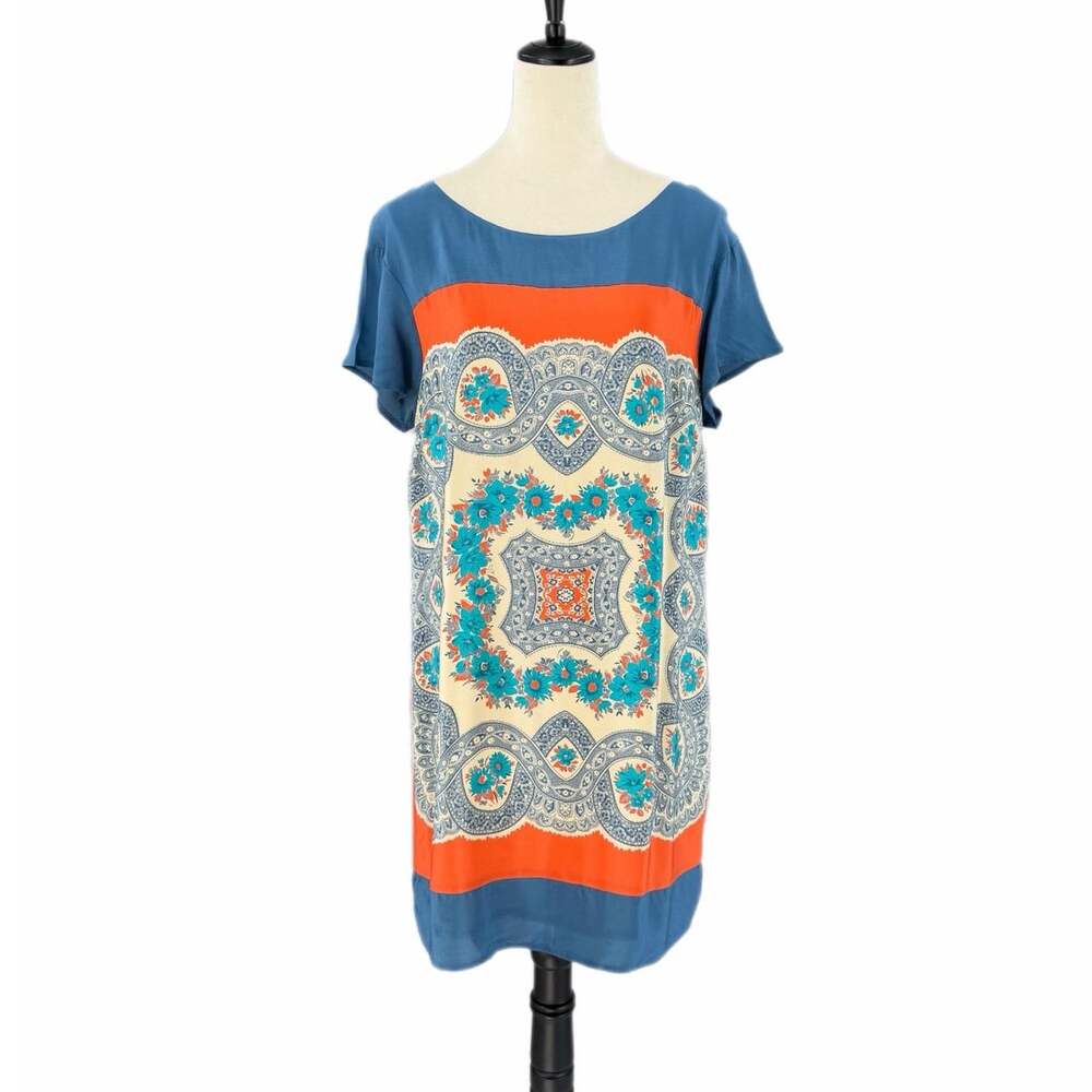 Anthropologie Meadow Rue Silk Paisley Blue Cream Boho Scarf Print Mini Dress